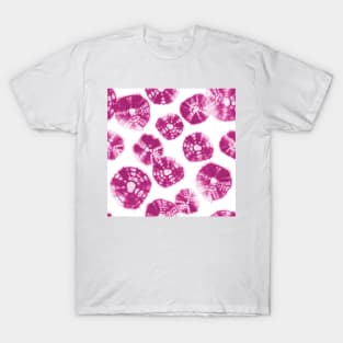 Shibori Kumo tie dye pink fuchsia dots over white T-Shirt
